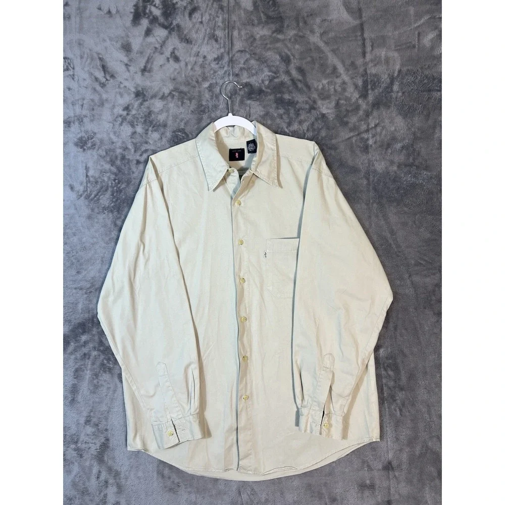 Levis Jeans Mens Large Long Sleeve Button Down Shirt Khaki Beige Cotton Twill L